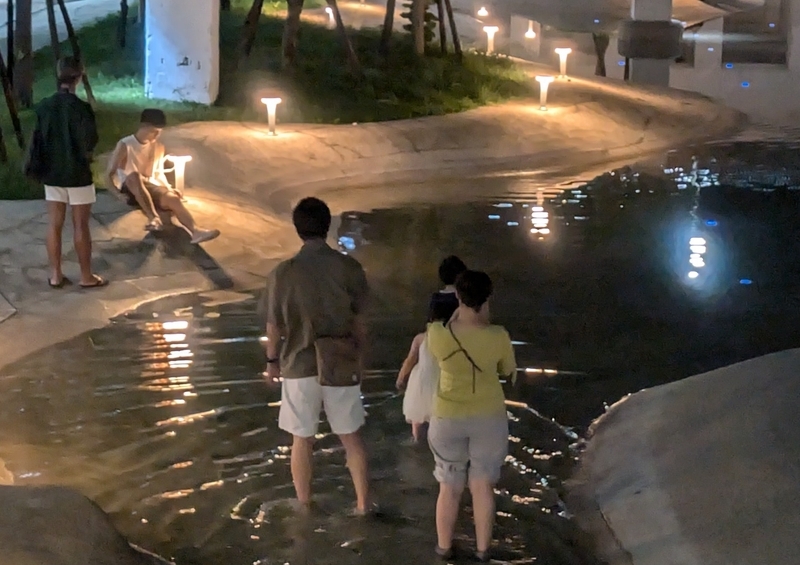 夜間ライトアップされた水辺空間の様子。