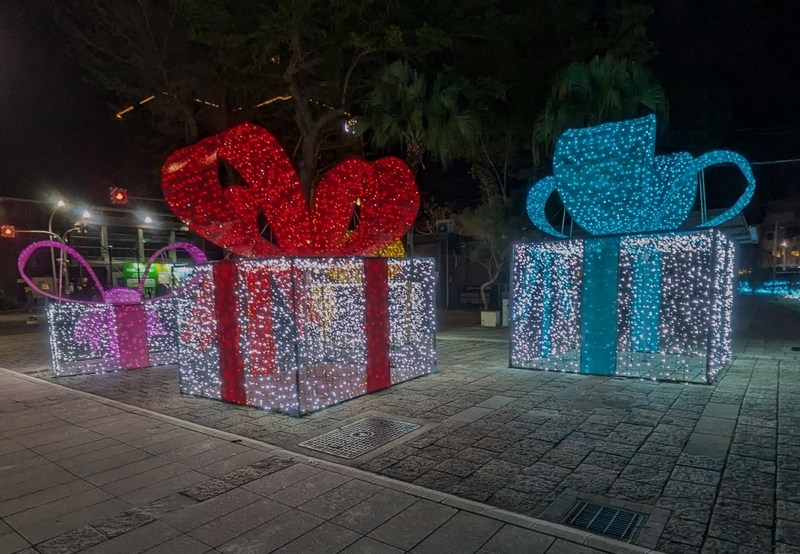 クリスマス仕様にライトアップされたオブジェを撮影した写真。夜の通りを彩る存在である。