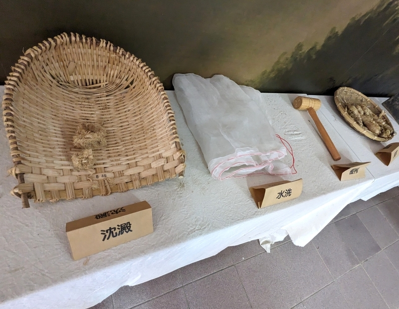 特産品製作過程展示 地域特産品をつくる過程を紹介する展示を撮影した写真。