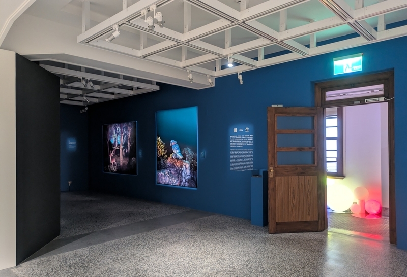 青色基調の展示室とつながる廊下。